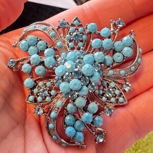 Turquoise Cluster Brooch Pendant Large Floral Gold Tone Statement Pin 2.25 inch